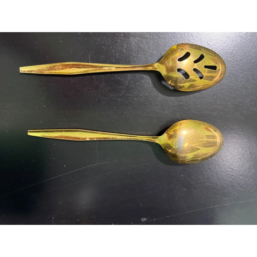 Vintage Florentine Gold Electroplate Serving Spoon Set Slotted Solid 2pc